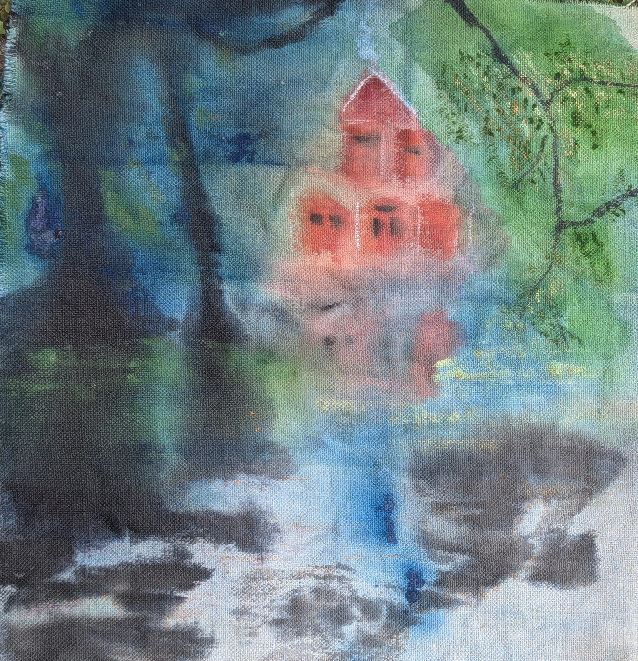 'My friends, my dear friends! Can I be silent, in leaving this house for evermore?', from the series  Andrei Tarkovsky, based on Solaris (1972).  2026. Watercolour and ink on untreated hemp canvas, 48 x 43 cm/ 19 x 17 in. (Title from a dialogue betwe