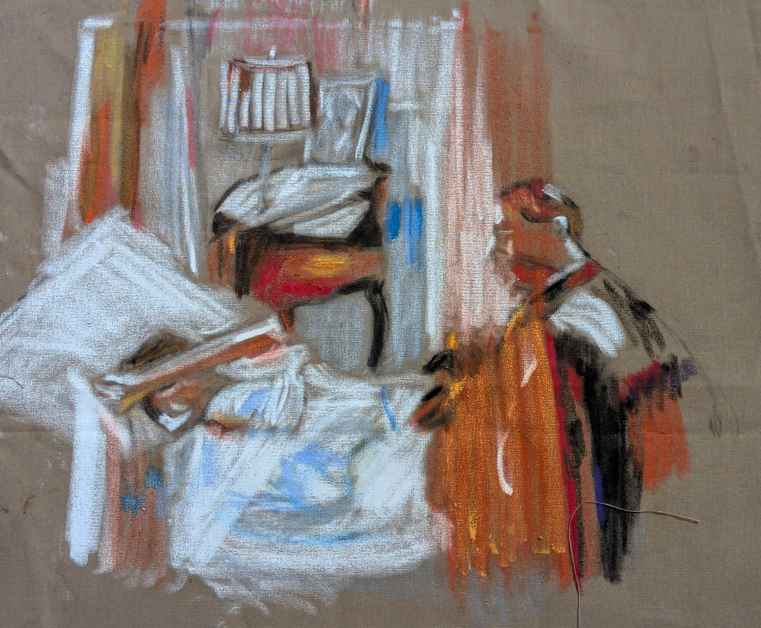 Untitled, from the series  Roberto Rossellini.  Based on Europe'51 (1952).  2025. Pastels on fabric, 61 x 45,5 cm/ 24 x 18 in. 