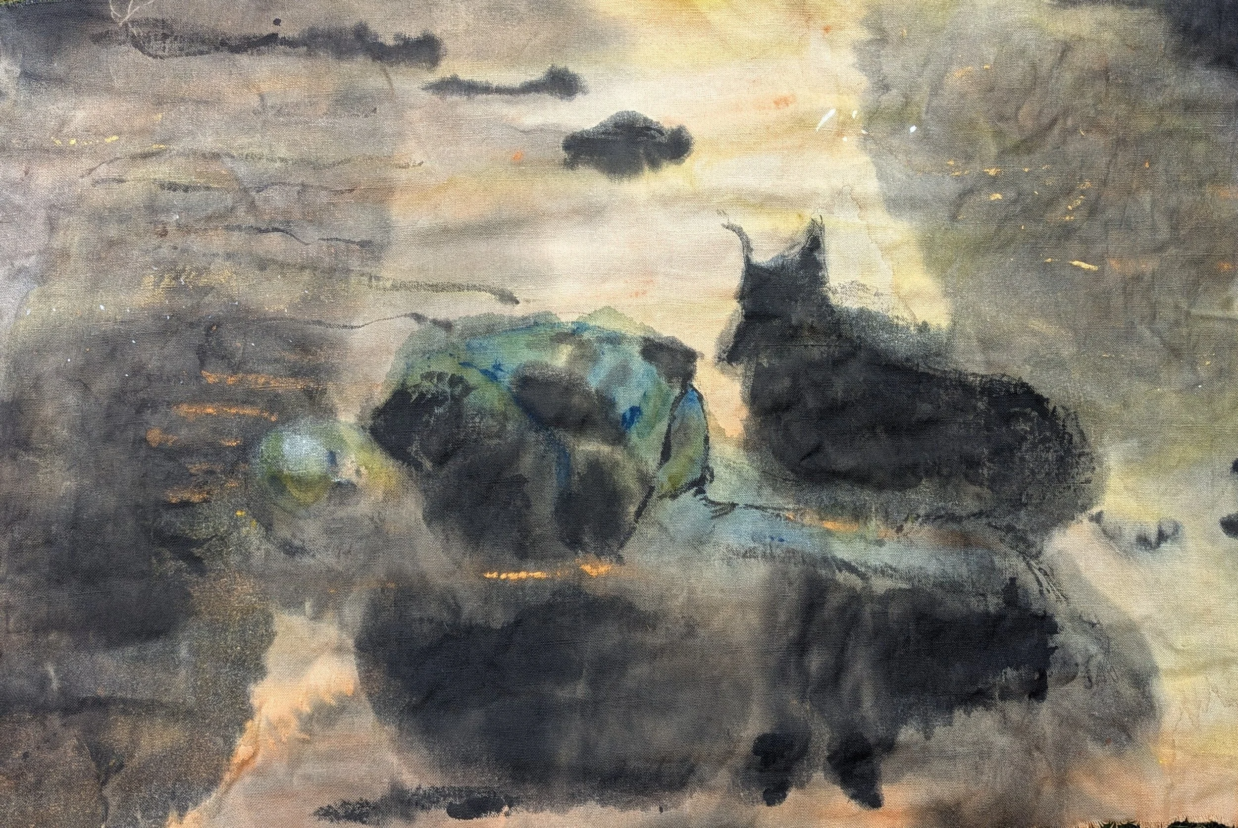 'I am fine as I am'
from the series  Andrei Tarkovsky, based on Stalker (1979).  2026. Watercolour and ink on untreated hemp canvas, 145 x 91 cm/ 57 x 36 in. (Title from the meditation of the Stalker - Alexander Kaidanovsky)