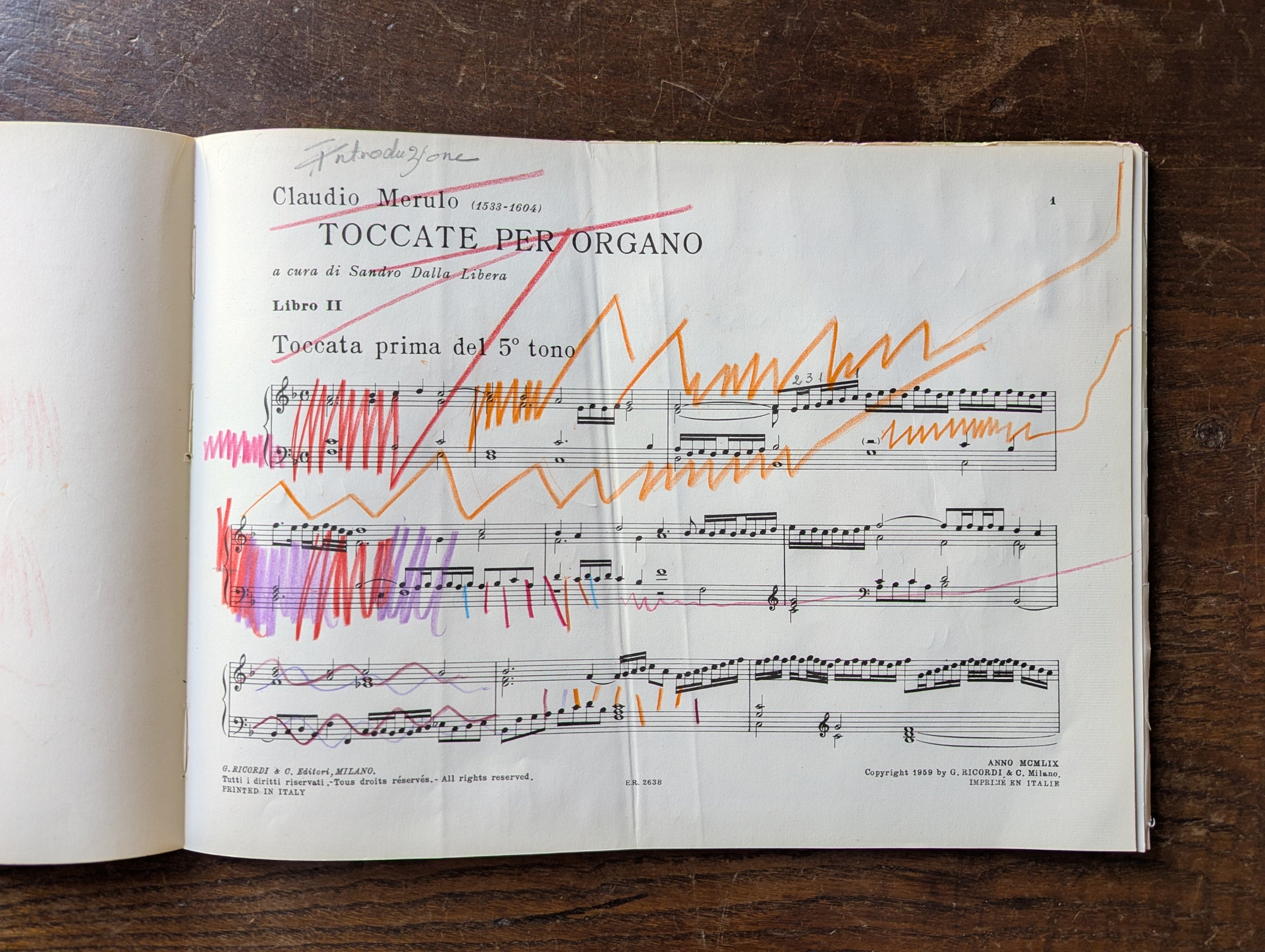 Sparito della borsa, Opening credits - Pentaptych 2/5, from the series  Michelangelo Antonioni, based on The Eclipse (1962).  2026. Coloured crayons on musical score.