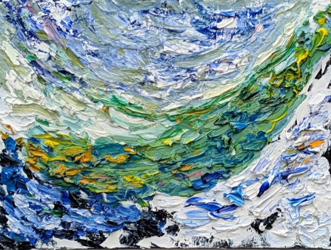 Le mouvement et le son de l'eau ou l'exaltation de ne pas penser. (The movement and sound of water or the exhilaration of not thinking) – Jean-Jacques Rousseau, – Les rêveries du Promeneur solitaire - Cinquième promenade, 2024, oil on canvas, 41 x 30