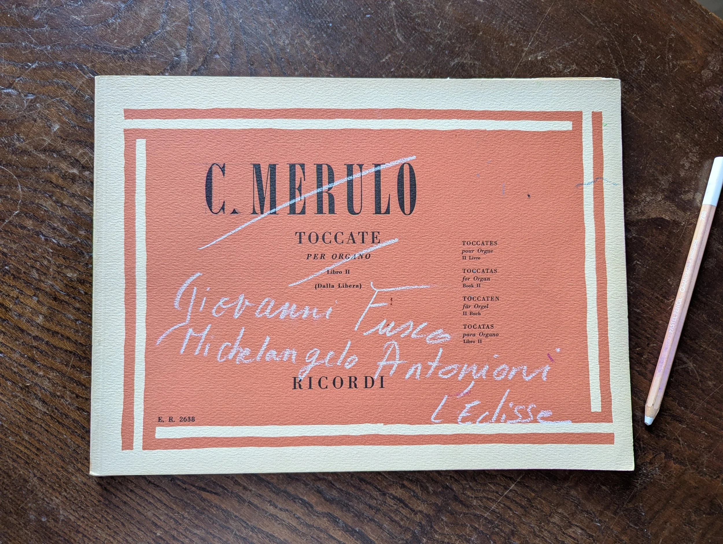Sparito della borsa, Cover - Pentaptych 1/5, from the series  Michelangelo Antonioni, based on The Eclipse (1962).  2026. Coloured crayons on musical score.