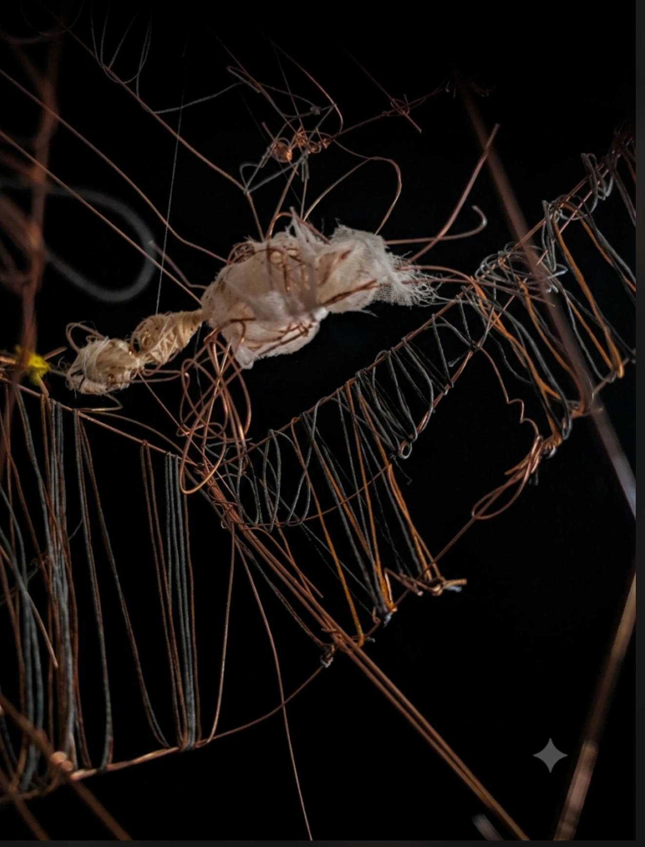 'There's nothing to fear, don't be afraid' -  based on 'The Sacrifice' (1986), a film by Andrei Tarkovsky.   2026. Metal rods, untreated muslin, cotton and wax threads. 193 cm x 92 cm / 76" x 3". Photograph of the  couple inside the house.  They are 
