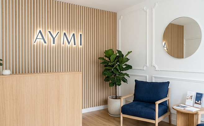 Coin d'accueil avec un panneau lumineux affichant 'AYMI', une plante verte, un fauteuil bleu, une table avec des magazines, miroir rond et décoration murale blanche.
