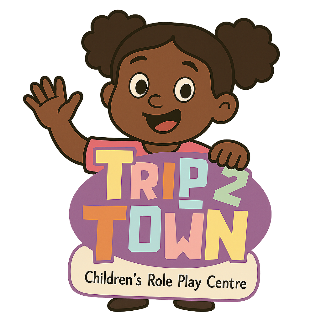 Illustration of a smiling girl with brown hair in pigtails holding a sign that reads "Trip2Town" with colorful letters, and a smaller sign below that says "Children's Role Play Centre."