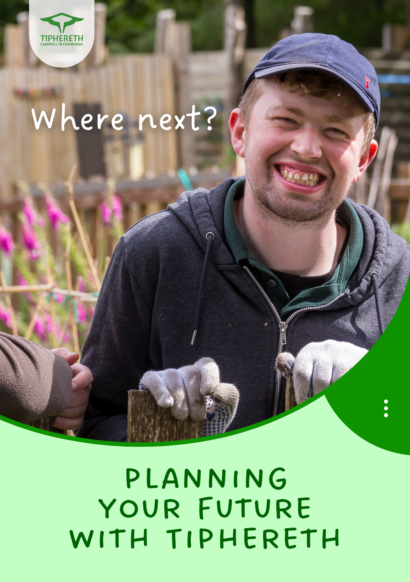 A smiling young man with a beard and a blue cap, wearing gloves, standing outdoors with a fence and flowers in the background. The image features the TipiReth logo and the text 'Where next?' and 'Planning your future with TipiReth.'