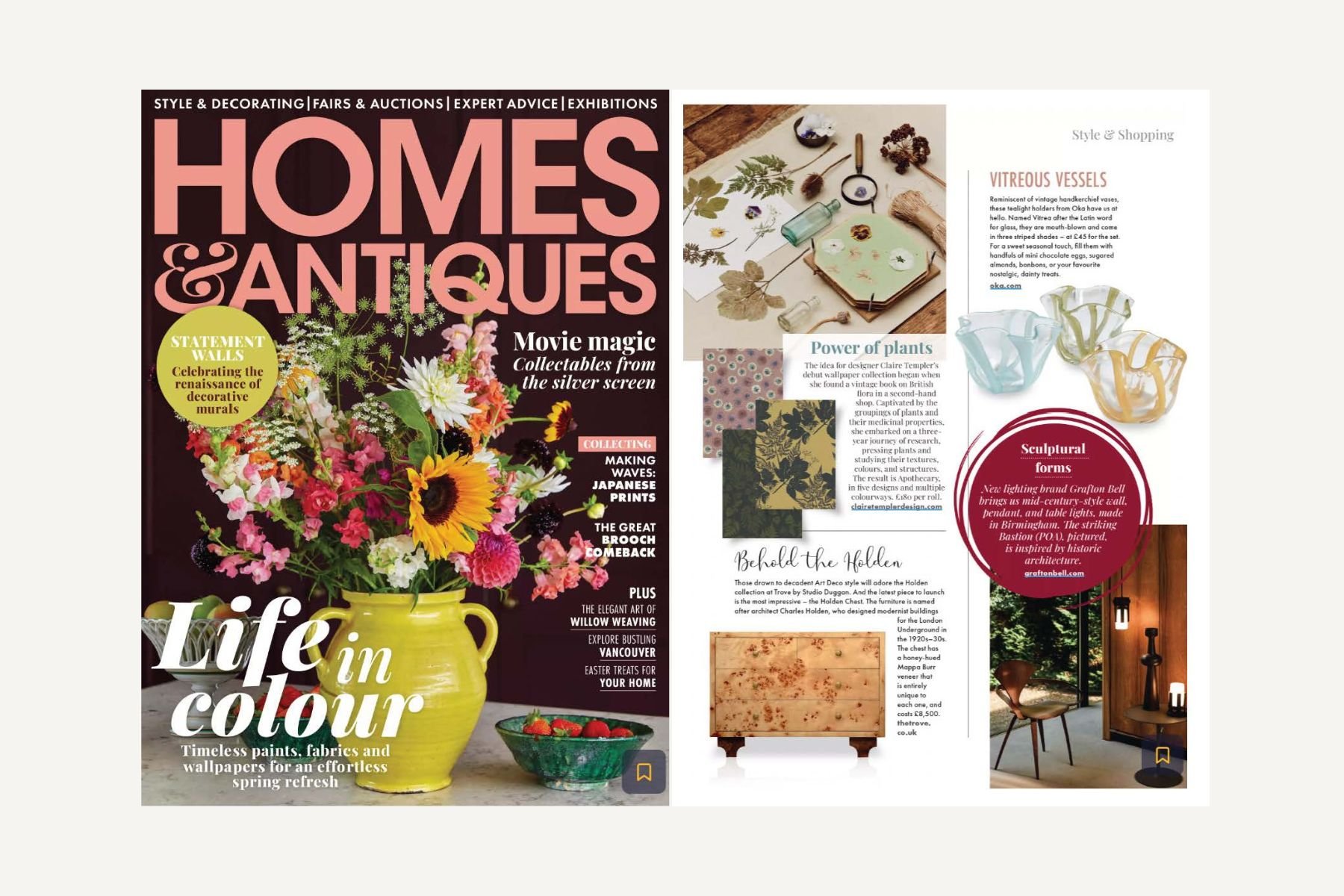 A magazine cover titled "Homes & Antiques" featuring a colorful bouquet of flowers in a yellow pitcher, with various articles and images about vintage decor, art, and design.