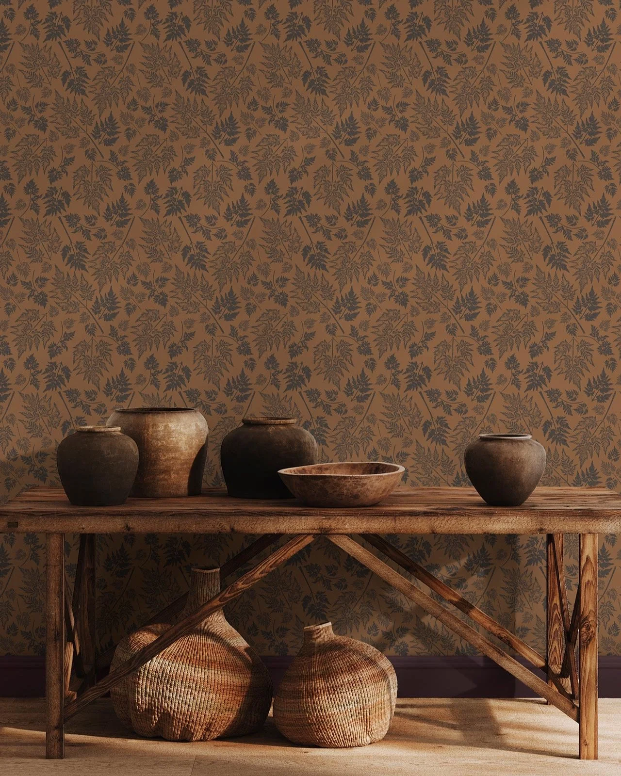 Parsley, shown in the Gypsy colourway. 

Cow parsley reimagined into repeat, its feathery leaves and lacy textures translated into a classic pattern.

Gypsy pairs rich brown with dark claret, a deep, folkloric palette that brings warmth and depth to 