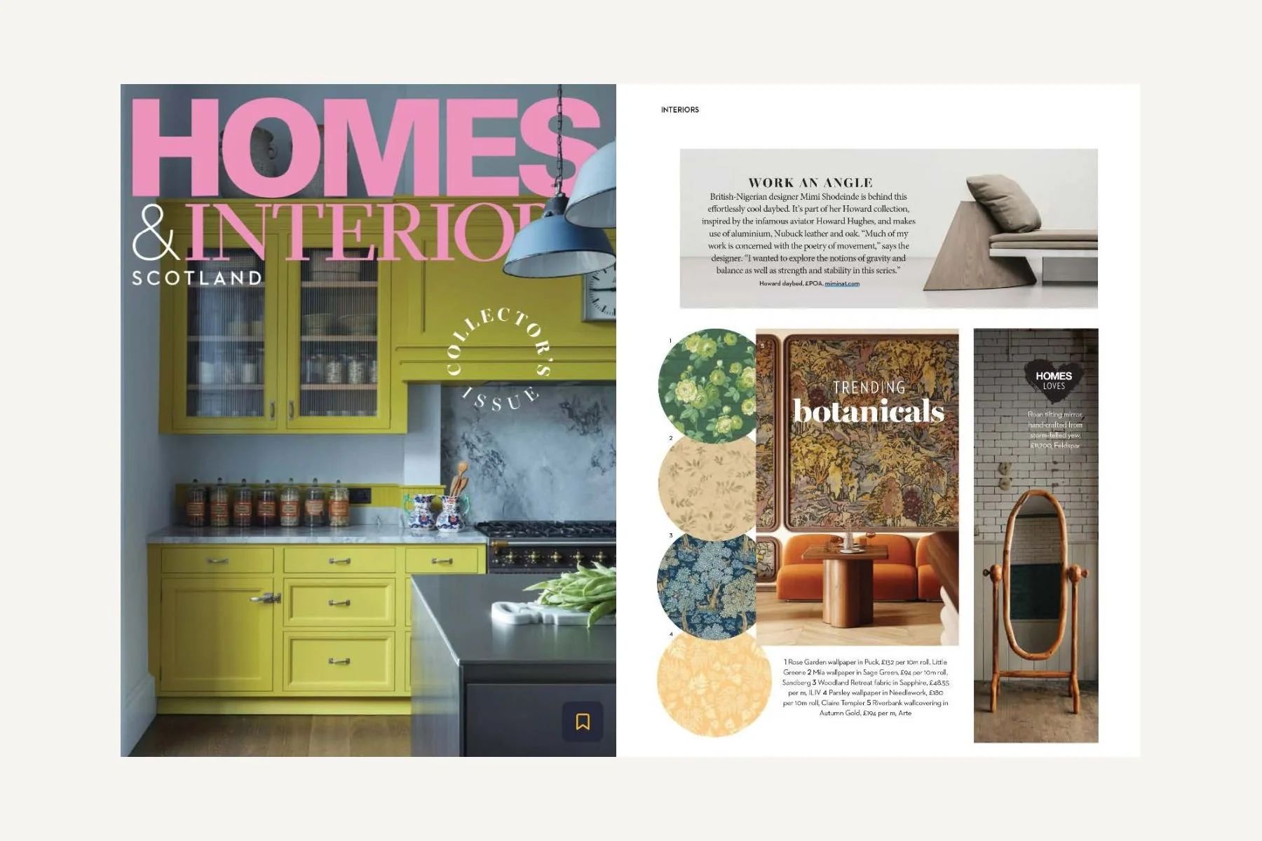 Open magazine or catalog pages featuring interior design and home decor. The left page shows a bright yellow kitchen with cabinet doors, a stove, jars, and hanging lights. The right page displays interior decor ideas, including fabric swatches of flo