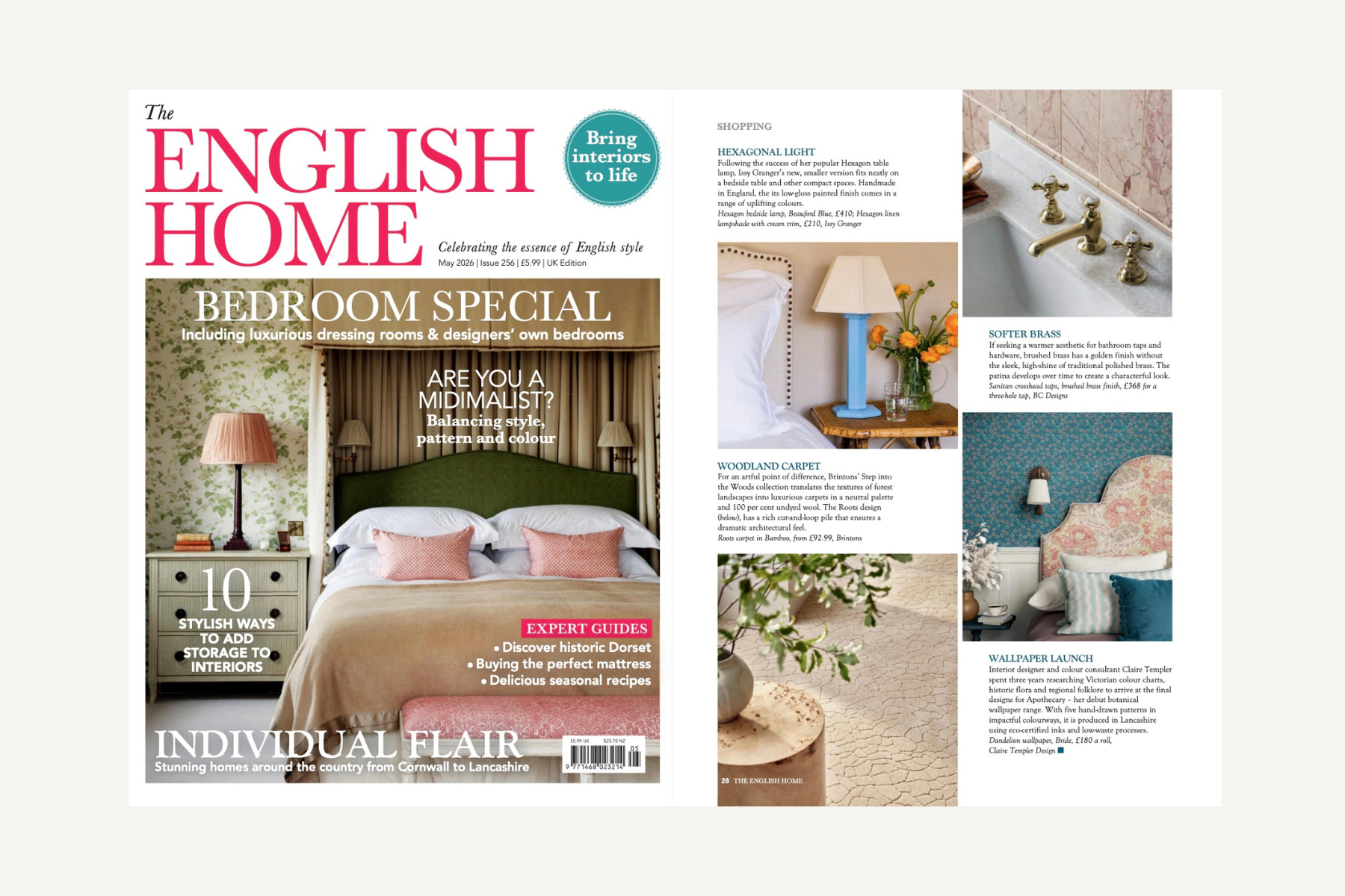 Cover of a magazine titled 'The English Home' with a bedroom interior featuring green, pink, and beige decor, and various interior design articles.