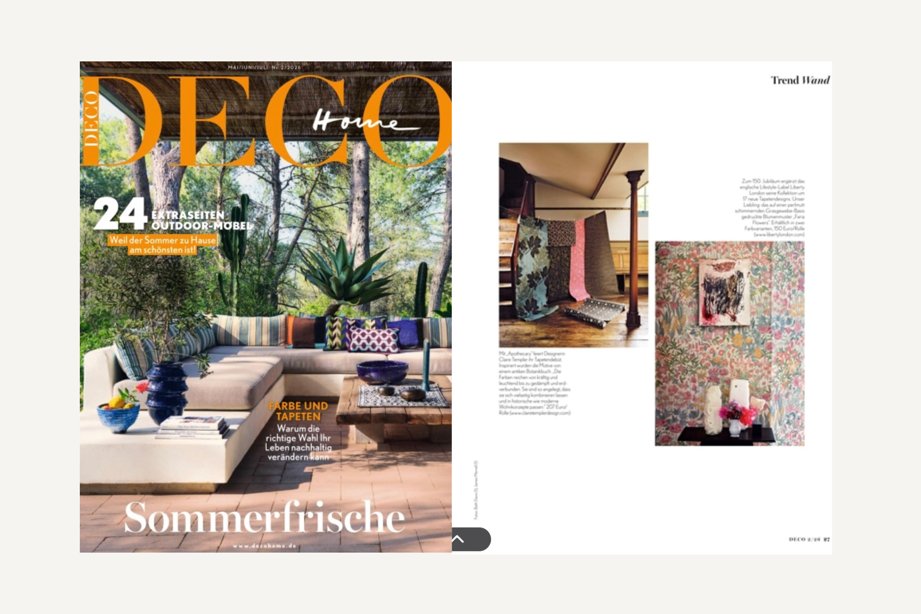 Magazine cover titled 'Deco Home' featuring an outdoor patio with a beige sectional sofa, colorful pillows, a coffee table, and potted plants, set against a wooded background. The cover highlights summer outdoor furniture and decor.