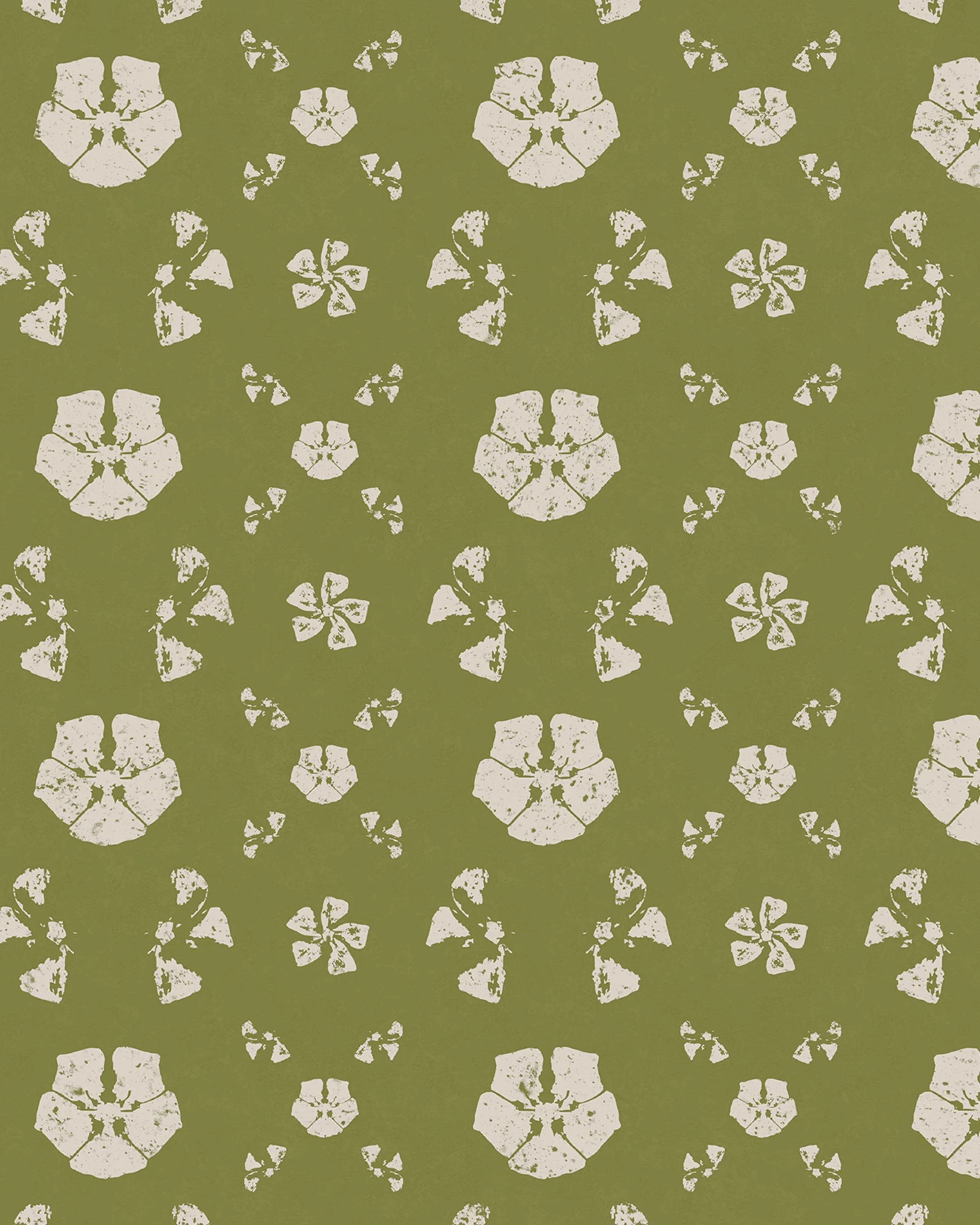 Green background with a white floral pattern that appears distressed or weathered.
