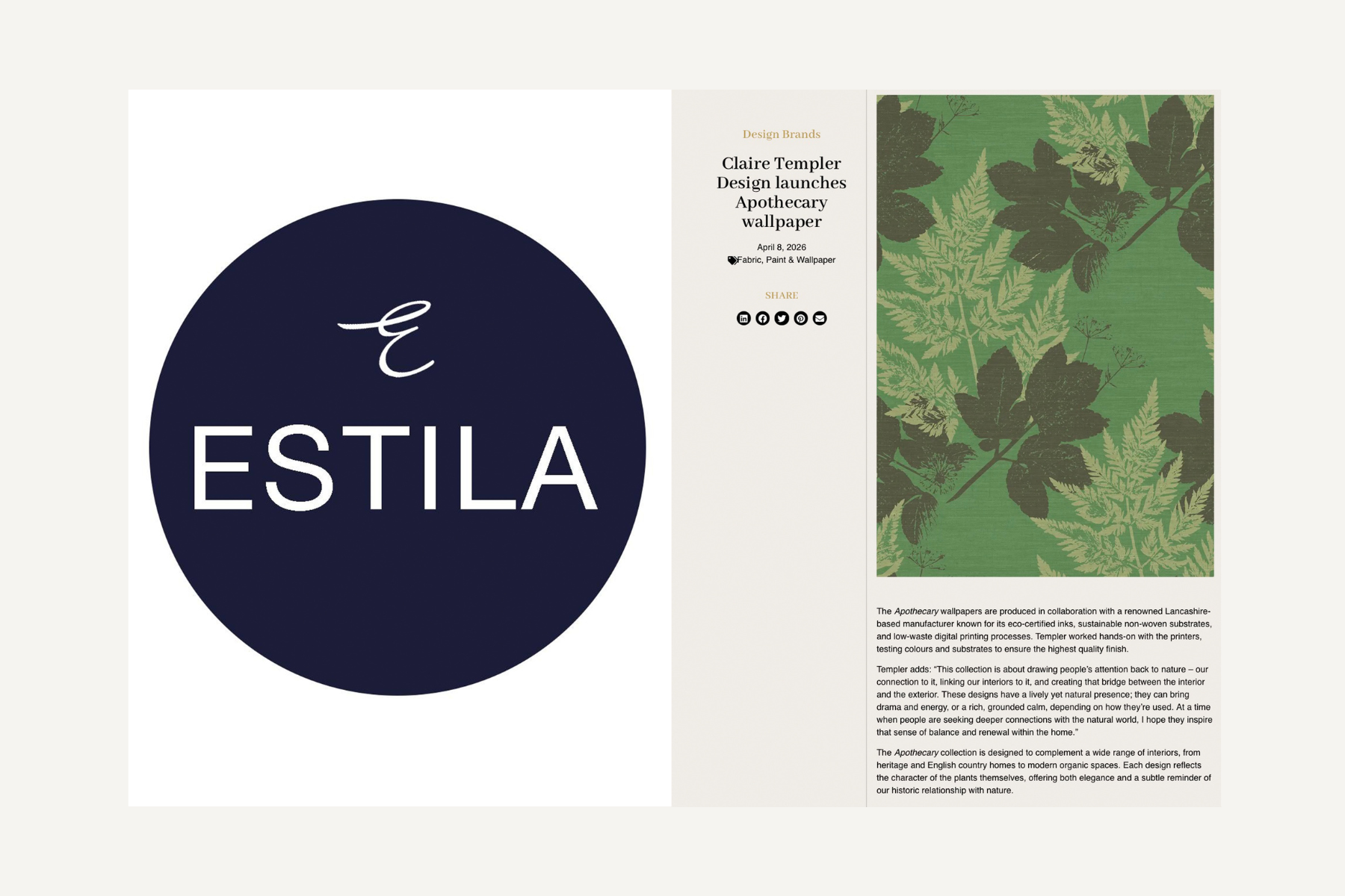 A promotional webpage for Claire Templer’s Apothecary wallpaper collection, including a dark blue circular logo with the word 'Estila' in white text, and a sample wallpaper design featuring green foliage on a textured background.
