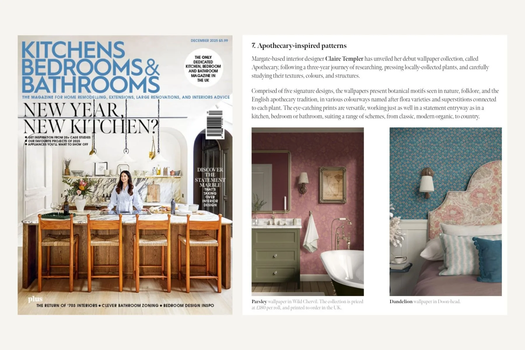 Cover of Kitchen Bedrooms & Bathrooms magazine with a woman standing behind a kitchen island, surrounded by white walls, wooden chairs, and various kitchen items; interior images of a pink bathroom with floral wallpaper and a green vanity, and a bedr