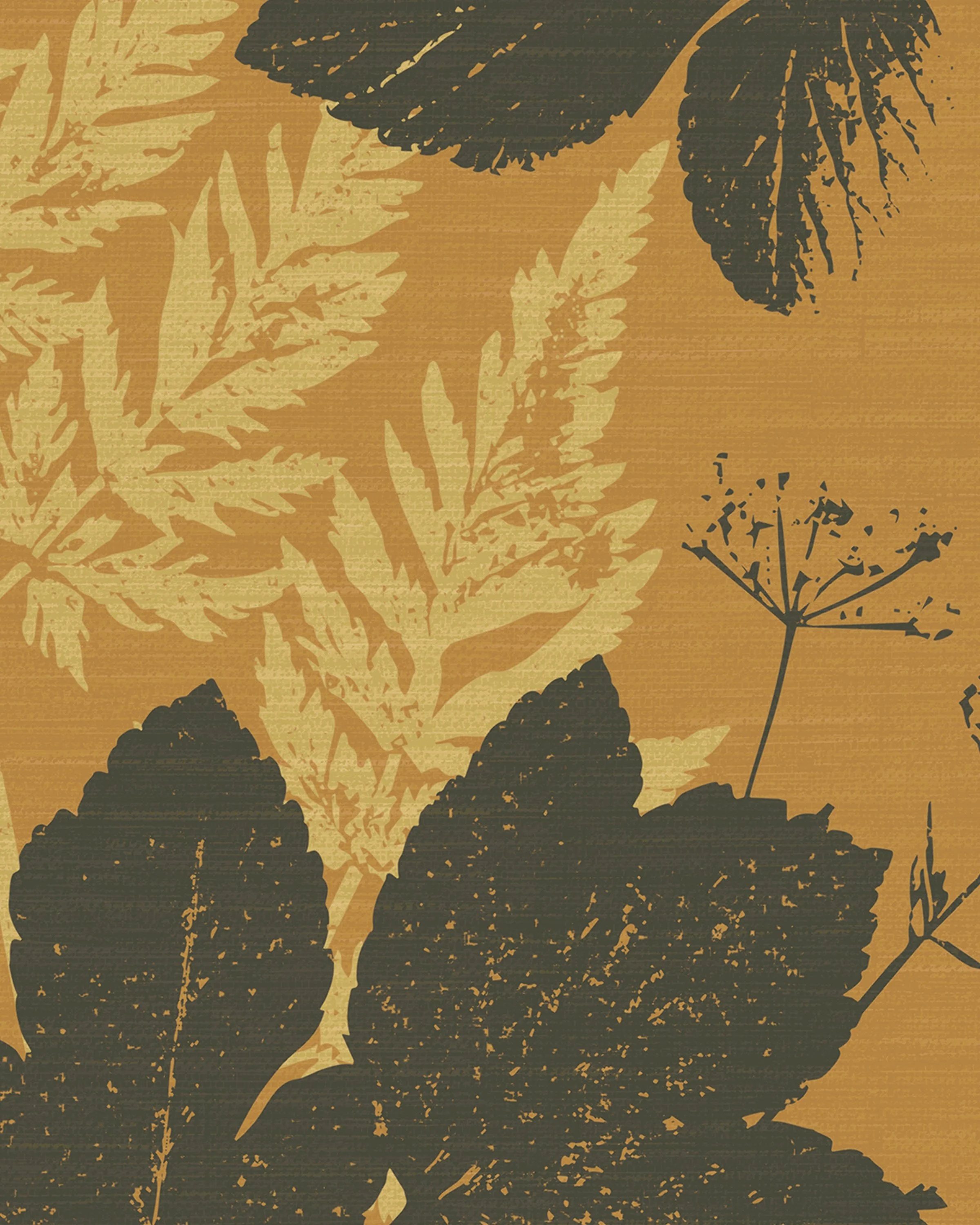 Silhouette of various leaves and a flower on a textured brown background.