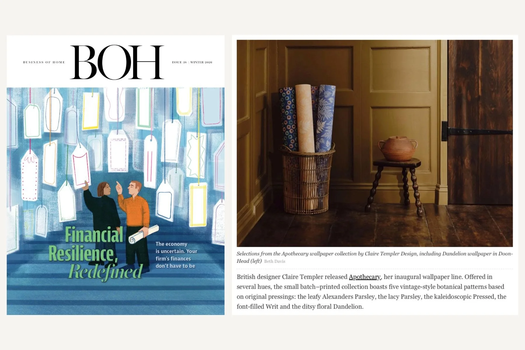 Left side of the image shows a magazine cover titled "Business of Home" issue 38 from Winter 2026, with an illustration of two people looking at hanging tags or labels, and the headline "Financial Resilience, Redefined." The right side features a pho
