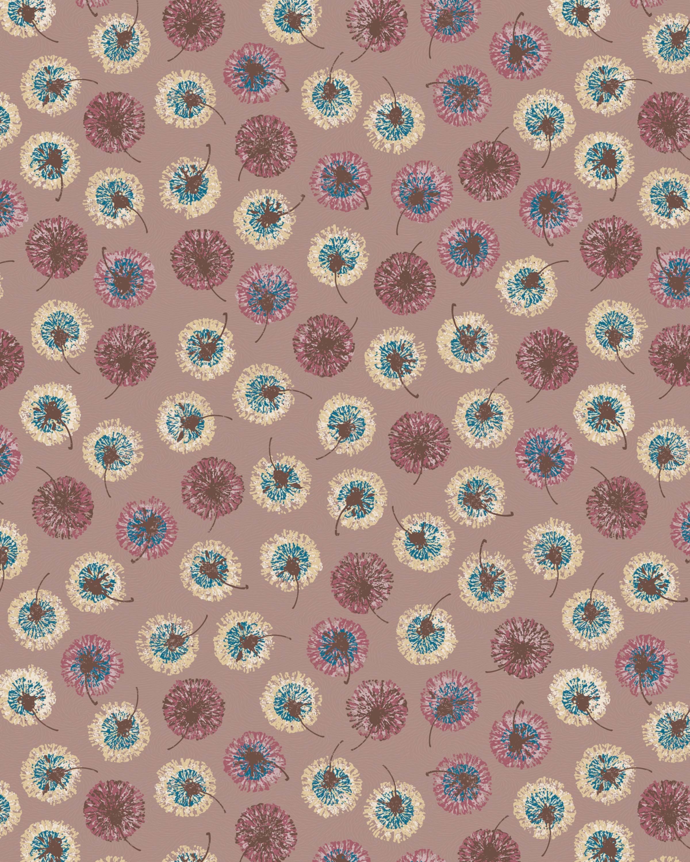 Pattern of dandelions in pink, cream, and blue on a mauve background.