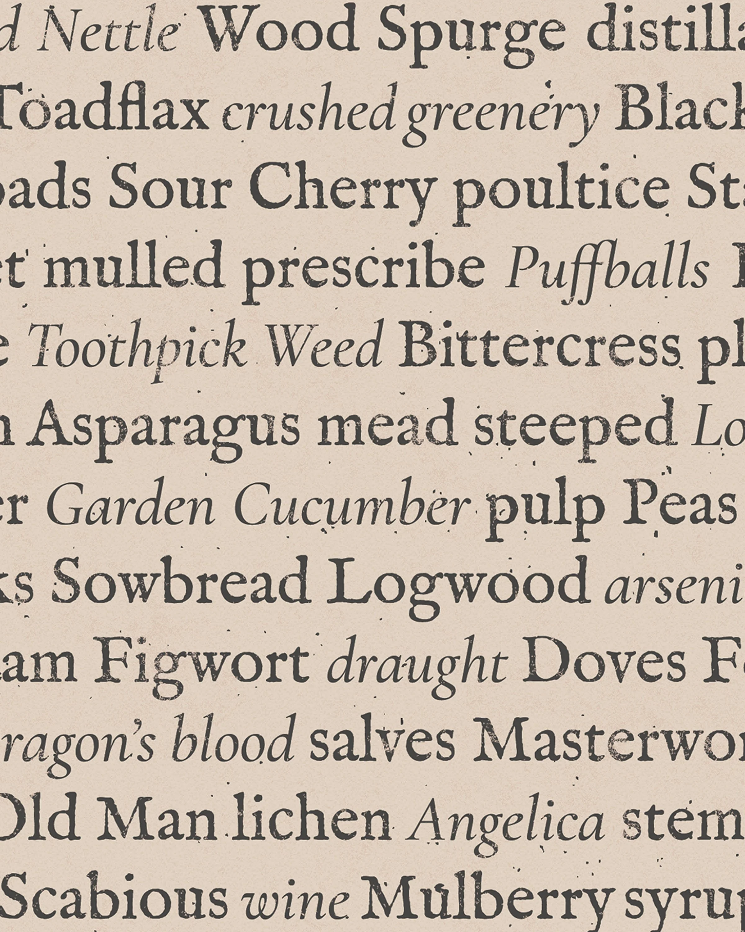 Close-up of a page with various stylized fonts displaying different words and phrases related to food and plants.