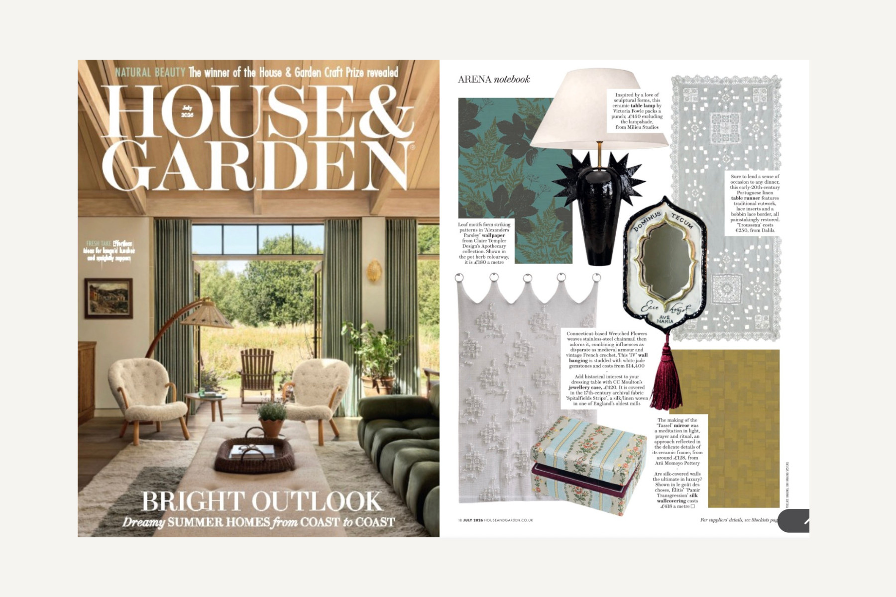 Cover of House & Garden magazine July 2023 issue featuring a bright, airy living room with large windows, green curtains, and vintage furniture, with text highlighting summer homes and home decor ideas.
