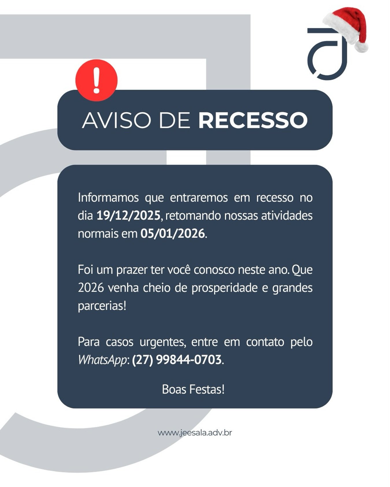 Hora de pausar!

Depois de um ano intenso de muito trabalho, nossa equipe far&aacute; uma pausa estrat&eacute;gica. A partir de 19/12, entraremos em recesso, voltando &agrave;s atividades normais no dia 05/01/2026.

Agradecemos a confian&ccedil;a de 