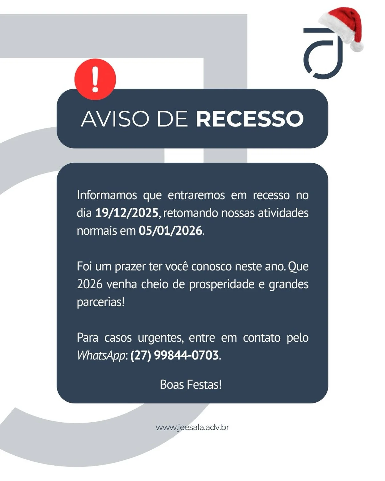 Hora de pausar!

Depois de um ano intenso de muito trabalho, nossa equipe far&aacute; uma pausa estrat&eacute;gica. A partir de 19/12, entraremos em recesso, voltando &agrave;s atividades normais no dia 05/01/2026.

Agradecemos a confian&ccedil;a de 