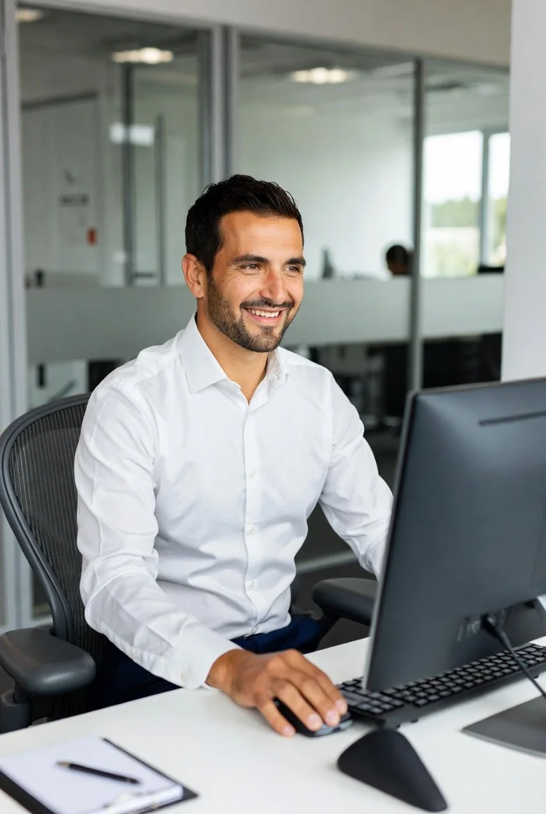 A smiling man in a white shirt working on a computer in a modern office.