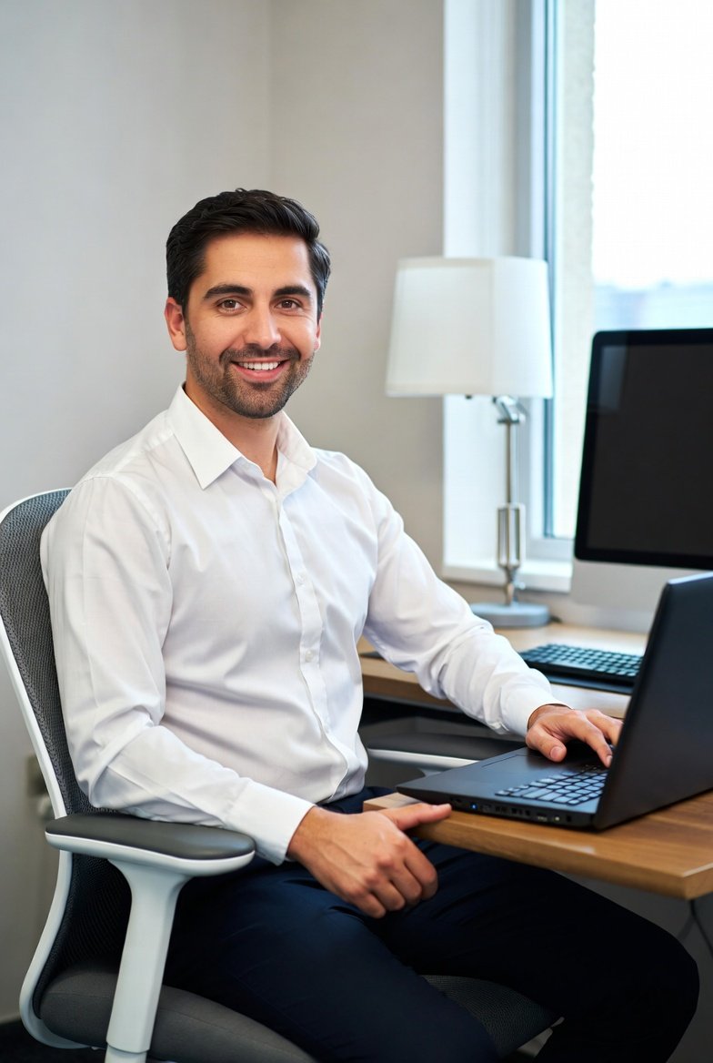 Smiling man in white shirt working on a laptop in an office with a window and a lamp.