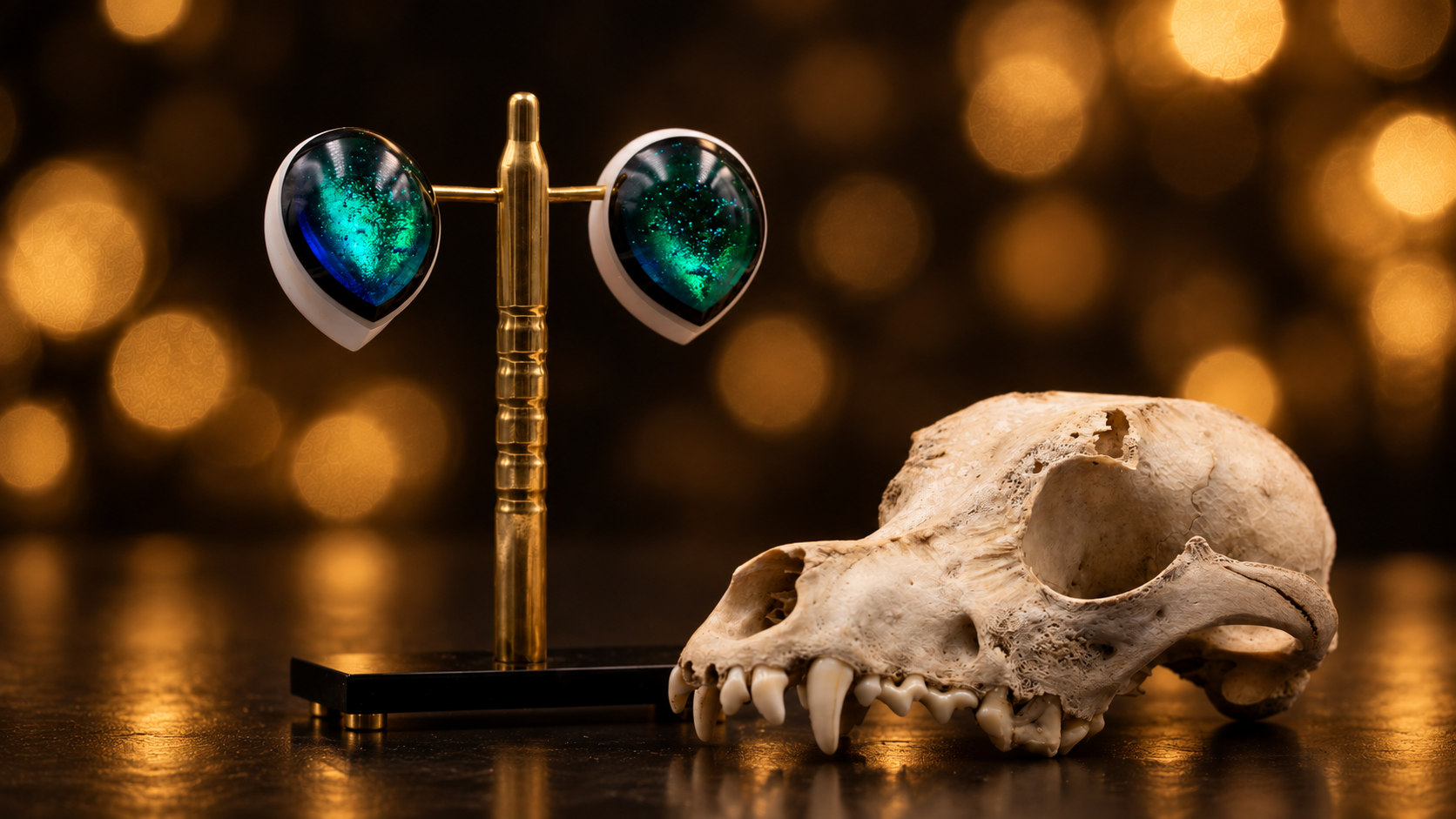Une paire de lunettes de soleil futuristes avec des verres colorés verts et bleus, posées à côté d’un crâne d'animal sur une surface sombre, avec un fond flou de lumières dorées.