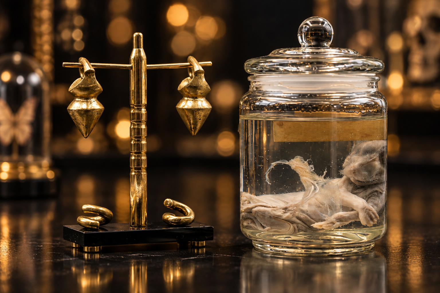 Une balance ancienne en or avec des poids et un bocal en verre contenant un cerveau de poulpe.