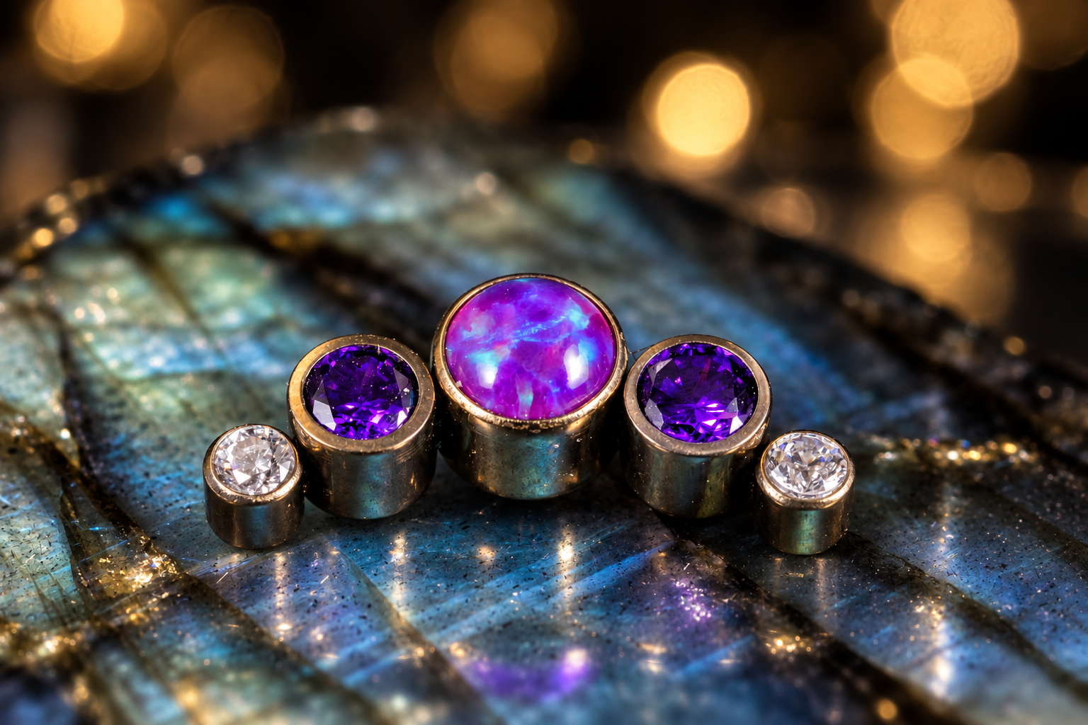 Mèche de bijoux avec pierres précieuses violettes, violettes et une pierre colorée irisée, posées sur une surface métallique réfléchissante et colorée.