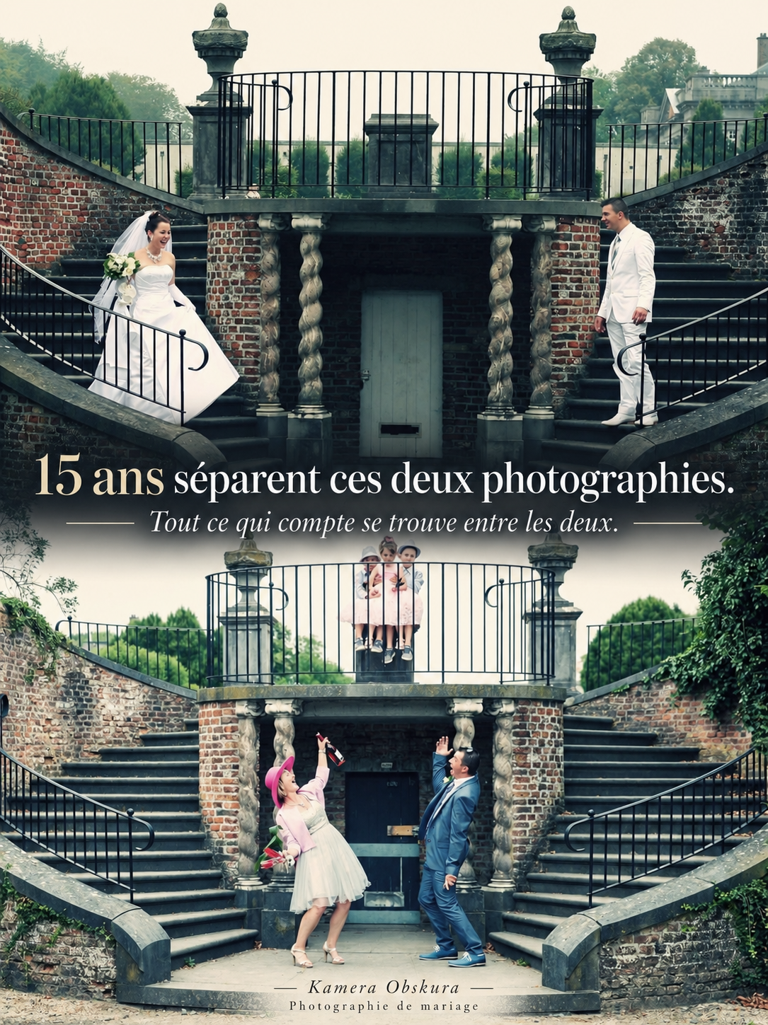 Deux photographies montrant des couples lors de mariages, séparés par 15 ans. La première photo montre un couple adulte habillé en blanc, la deuxième montre un couple plus jeune, également dans un lieu extérieur avec une architecture similaire.