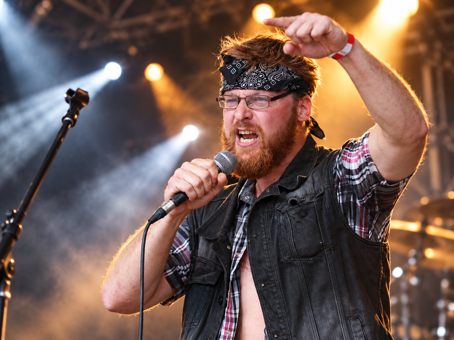 Un homme avec une barbe et des lunettes, portant un bandana noir, chante avec intensité dans un microphone lors d'un concert, portant une veste en denim et une chemise à carreaux, sous des lumières de scène