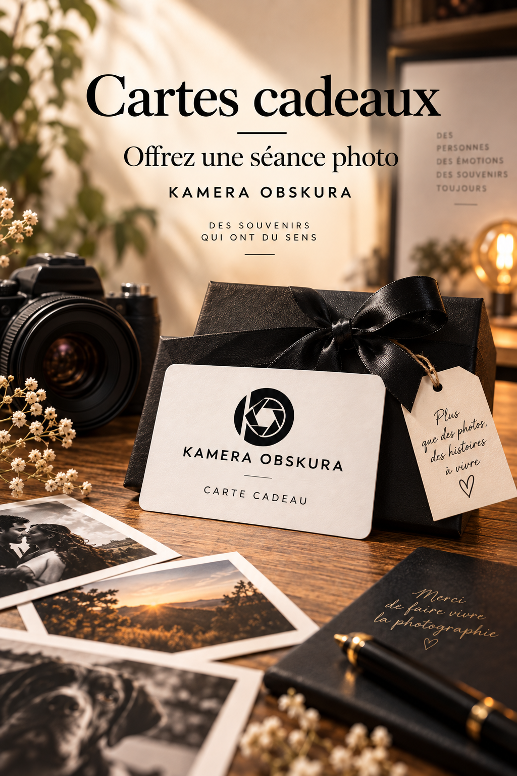 Une affiche promotionnelle pour des cartes cadeaux de photographie, avec un appareil photo, des photos en noir et blanc et de couleurs, et un cadeau emballé avec un ruban noir, sur une table en bois dans une ambiance chaleureuse.