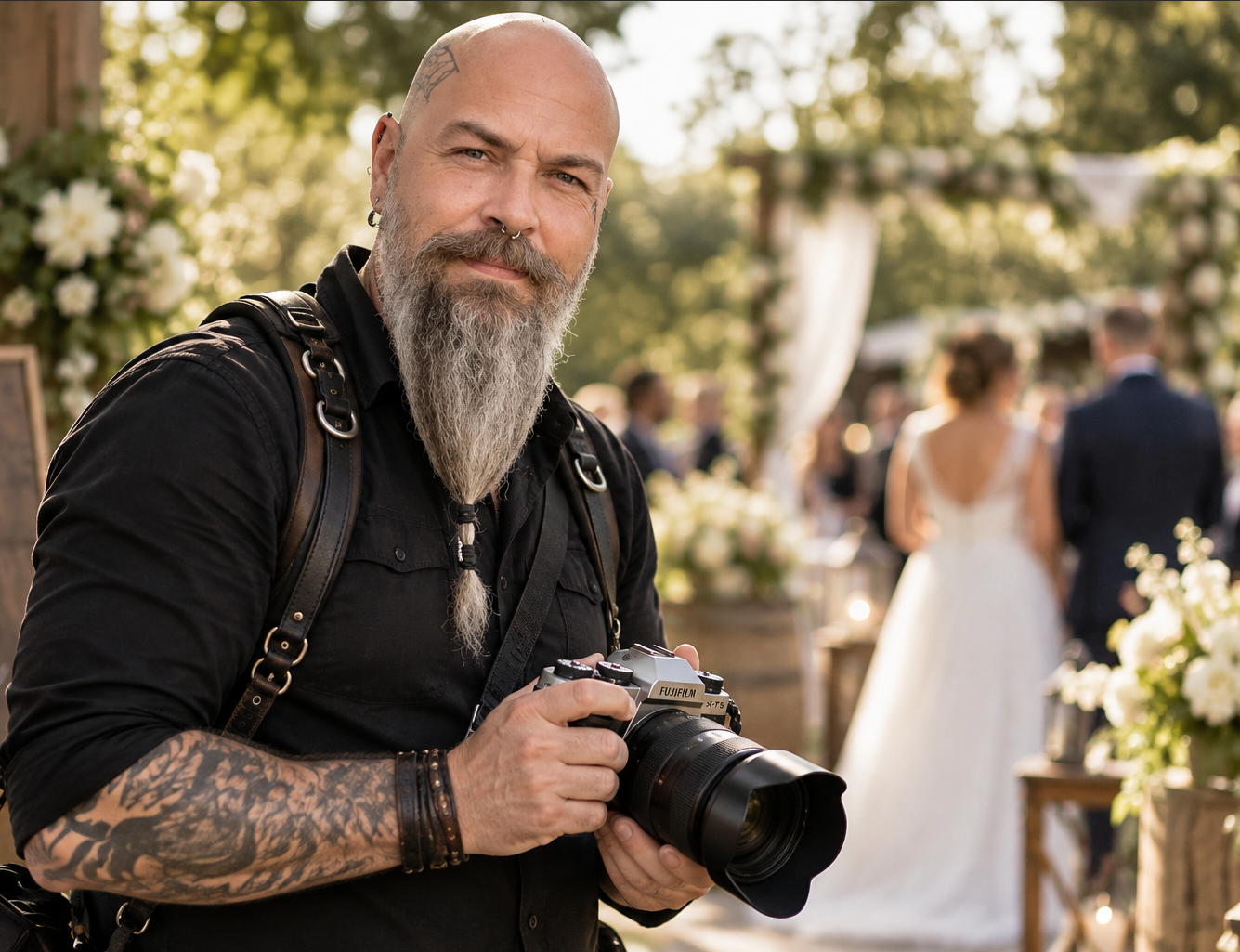 Photographe souriant tenant un appareil photo lors d'un mariage en plein air, avec un couple marié en arrière-plan.