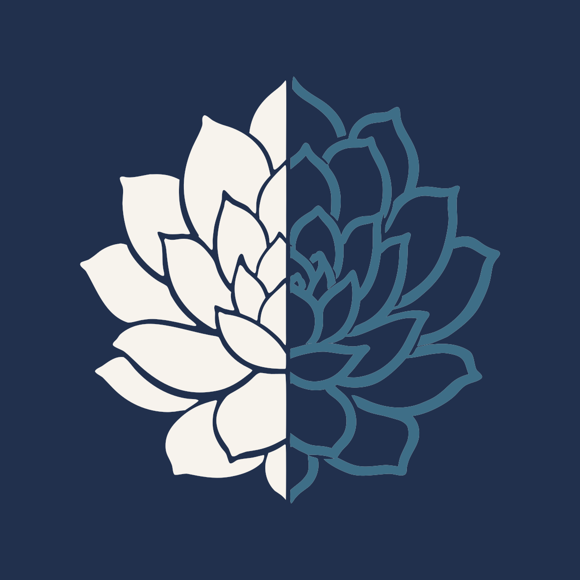 Split image of a stylized lotus flower, with one half outlined in white and the other half in dark blue outline on a dark blue background.