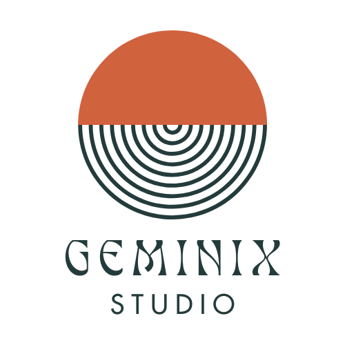 Logo with a half orange and half black circle with concentric rings, and the text 'GEMINX STUDIO' below.