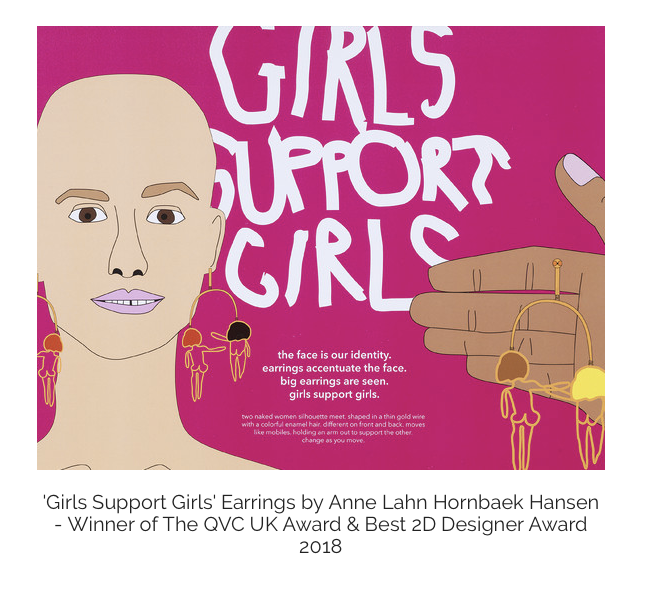 Illustration af en ung pige med GIRLS SUPPORT GIRLS øreringene, som vandt to awards og blev solgt gennem UK QVC.