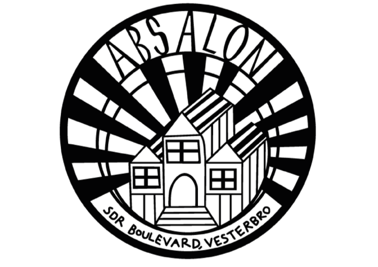 Sort-hvid logo med en tegning af et hus med trapper foran, omgivet af teksten 'ARSALON' og 'SDR BOULEVARD VESTERBRO'. Logo til Absalon Folkehus