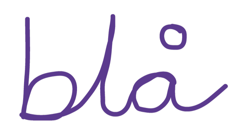 Det er en håndskrevet tekst, der siger 'blå' i lilla farve.