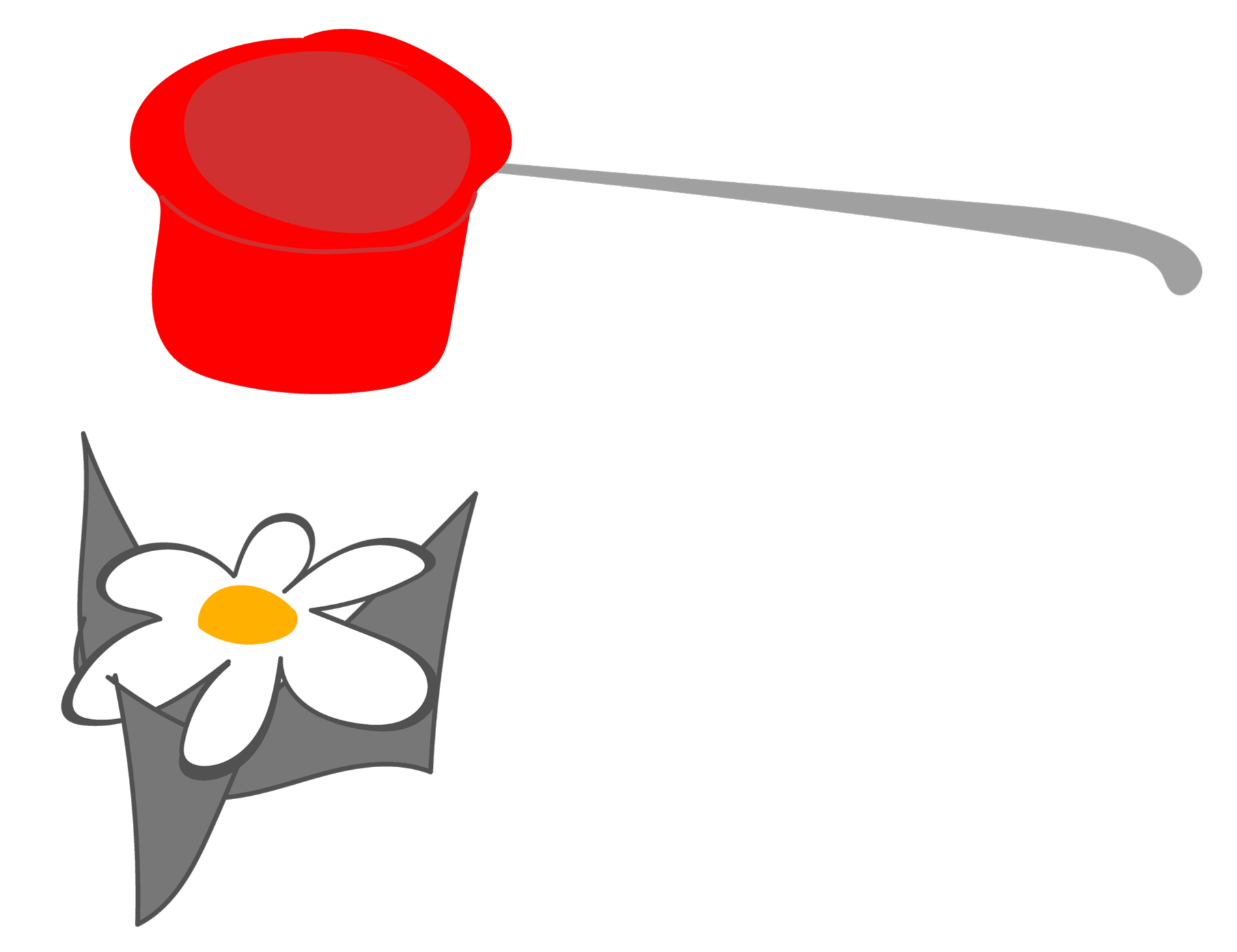 En rød dryssesigte til emaljepulver med håndtag. Hænger over en hvid blomst med gul midte som lægger i et stativ.