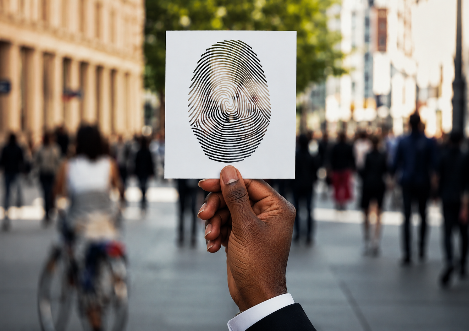 A hand holding a paper with a black fingerprint design. The image represents the importance of identity alignment and belonging and identity when placing candidates in a new role or business environment.