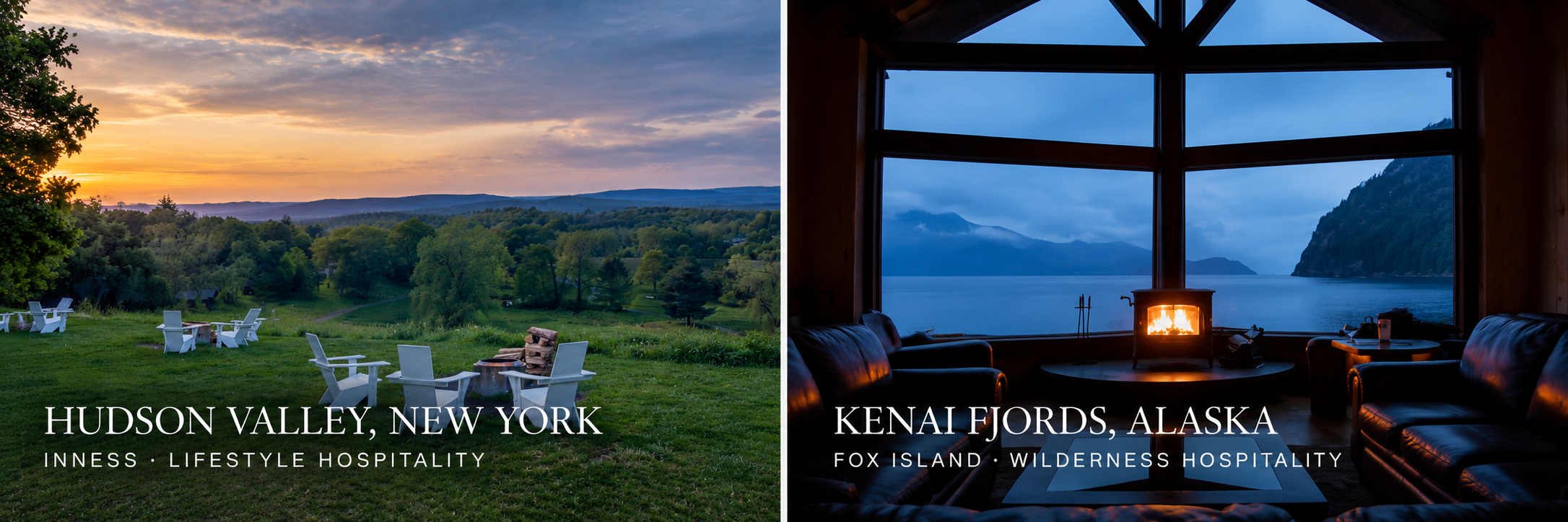 Split image showing an outdoor view of a green field with several white chairs and a sunset in Hudson Valley, New York on the left; cozy indoor interior with leather chairs, a fireplace, and large window overlooking a fjord in Kenai Fjords, Alaska on the right.