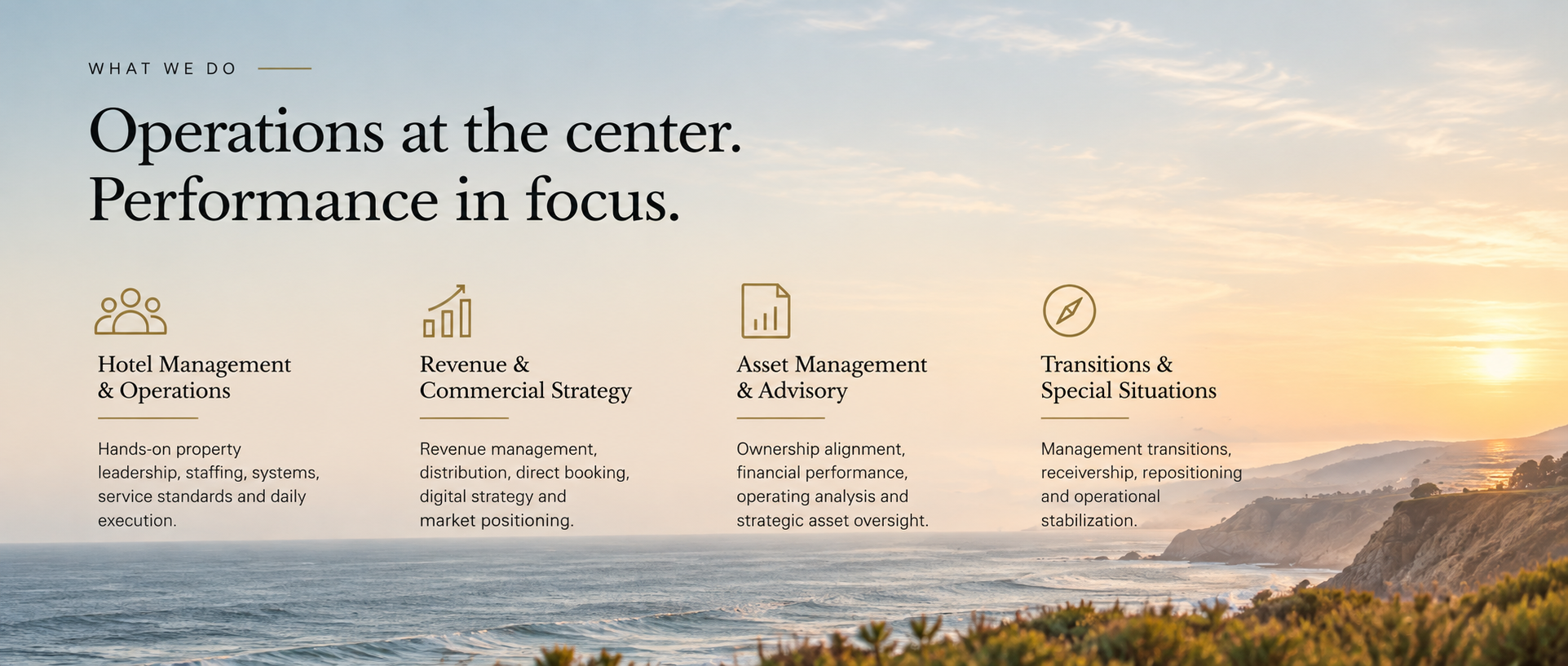 A website section titled 'What We Do' showing the headline 'Operations at the center. Performance in focus.' with four categories: Hotel Management & Operations, Revenue & Commercial Strategy, Asset Management & Advisory, and Transitions & Special Situations, each with icons and brief descriptions over a background image of a sunset over ocean and cliffs.