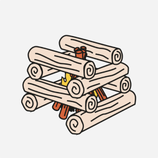 Stack of cut logs with a small cartoon dinosaur peeking out from behind.