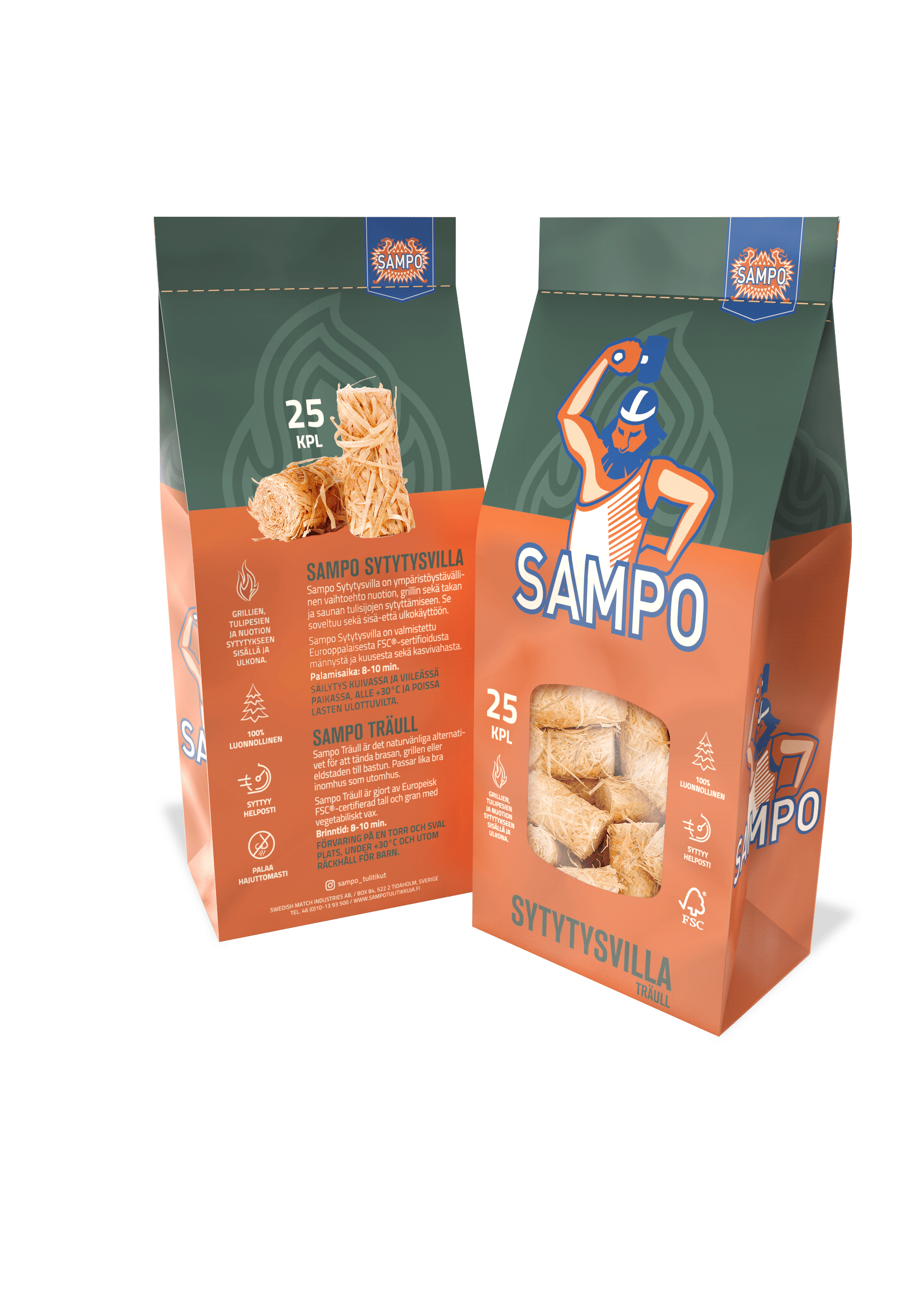 Two packages of Sampo sytytysviila wood splinters, one package in Finnish and the other in Swedish, with illustrations of a firefighter and a fireman, and text describing the product's features and usage instructions.