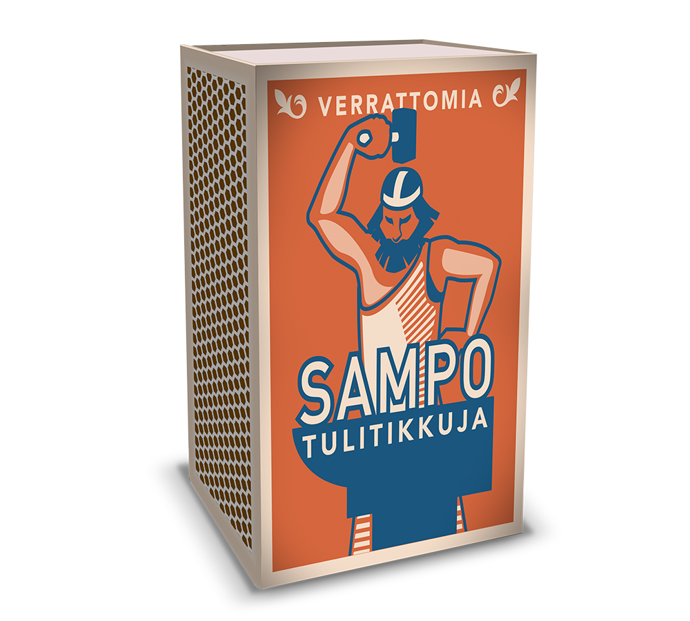 A poster with an illustration of a muscular figure wearing a helmet, holding an axe above the head, with the words "SAMPO TULITIKKUJA" and "VERRATTOMIA". The poster has an orange background and blue and white accents.