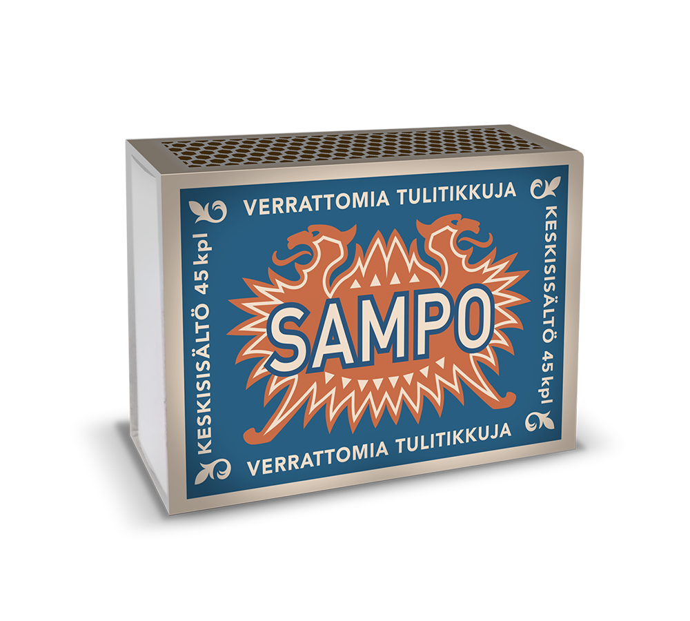 Finnish insecticide box labeled 'SAMPO' with two stylized dragons and text indicating effectiveness against ten types of pests, weighing 45 kilograms.