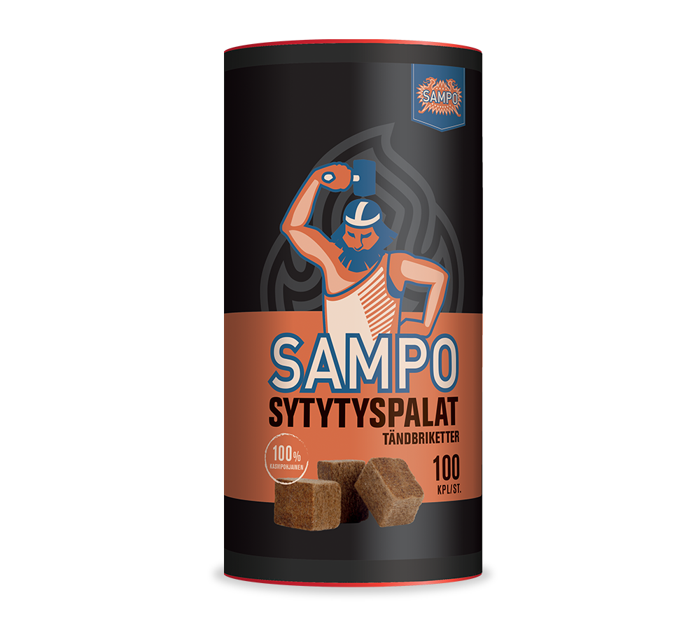 Container of Sampo brand wood igniting firelighters with a muscular cartoon figure holding a match in front of a dark background.