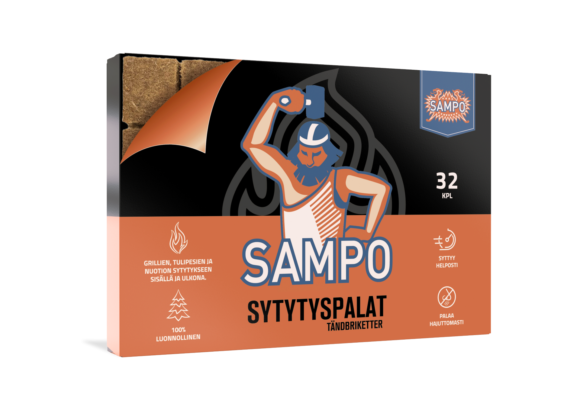 Box of Sampo brand matches with a stylized illustration of a muscular man wearing a cap, holding a matchstick, with Finnish text and symbols indicating that the matches are for outdoor use, easy to strike, and burn long.