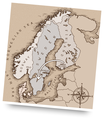 Karta över Skandinavien som visar Norge, Sverige, Finland, Danmark och omgivande hav med en kompassros.